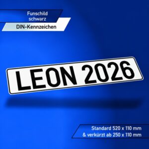 Schwarzes Funschild als DIN-Kennzeichen mit Wunschtext